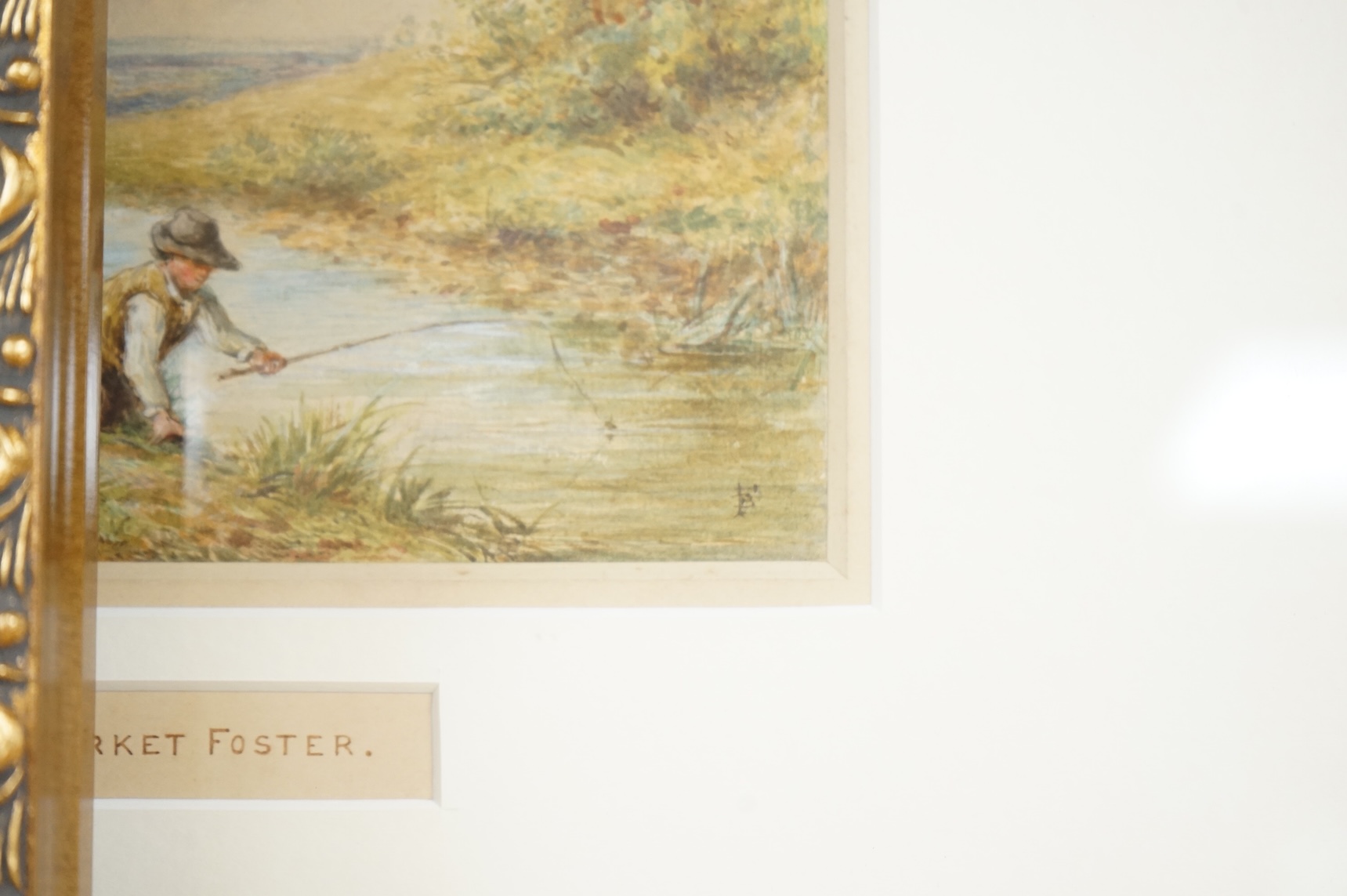 Manner of Myles Birket Foster RWS (1825-1899), Riverscapes with figures fishing, bears monogram, pair of watercolours, each 12 x 15cm, ornate gilt frames